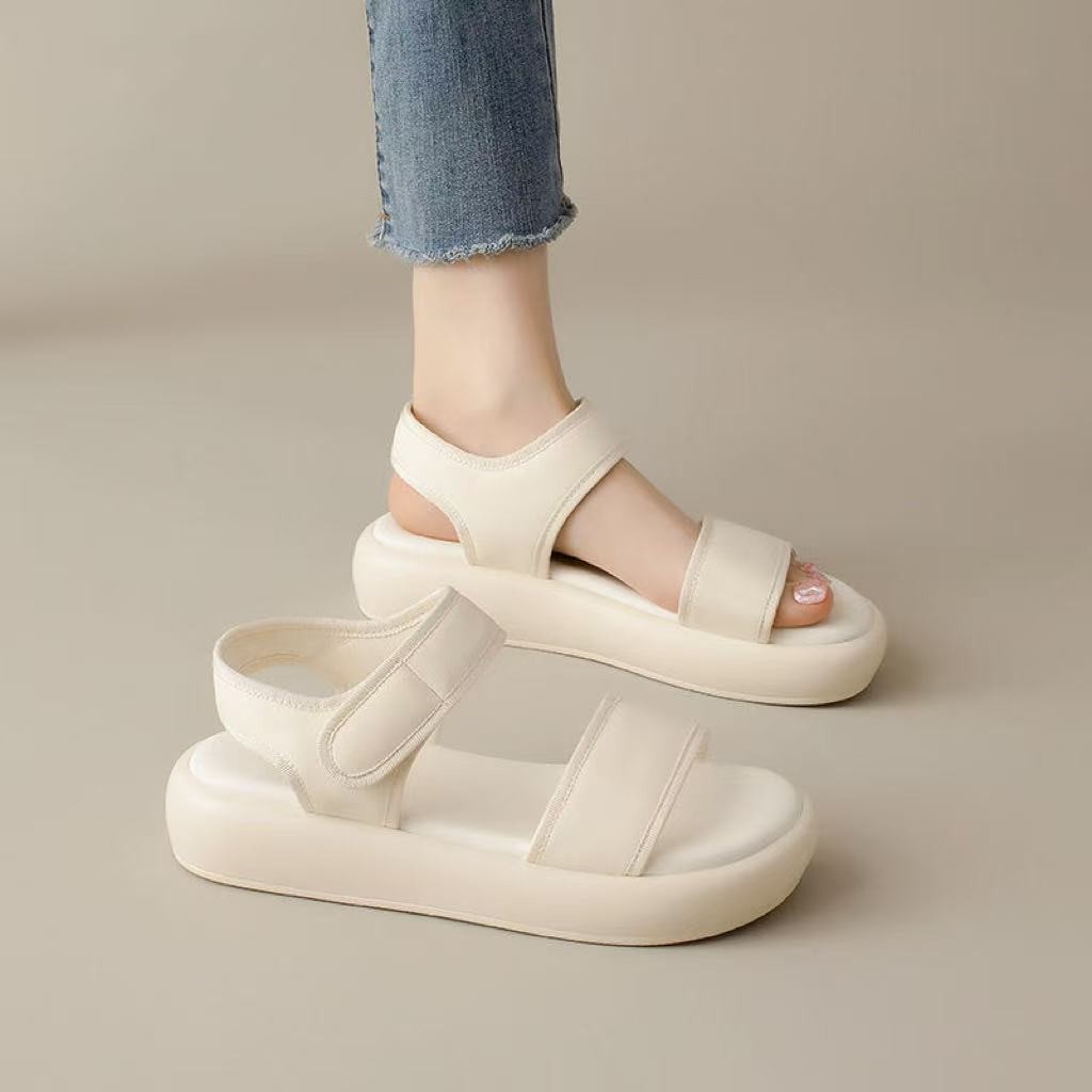 厚底运动凉鞋女2025年新款夏季魔术贴平底软底高级感休闲沙滩凉鞋