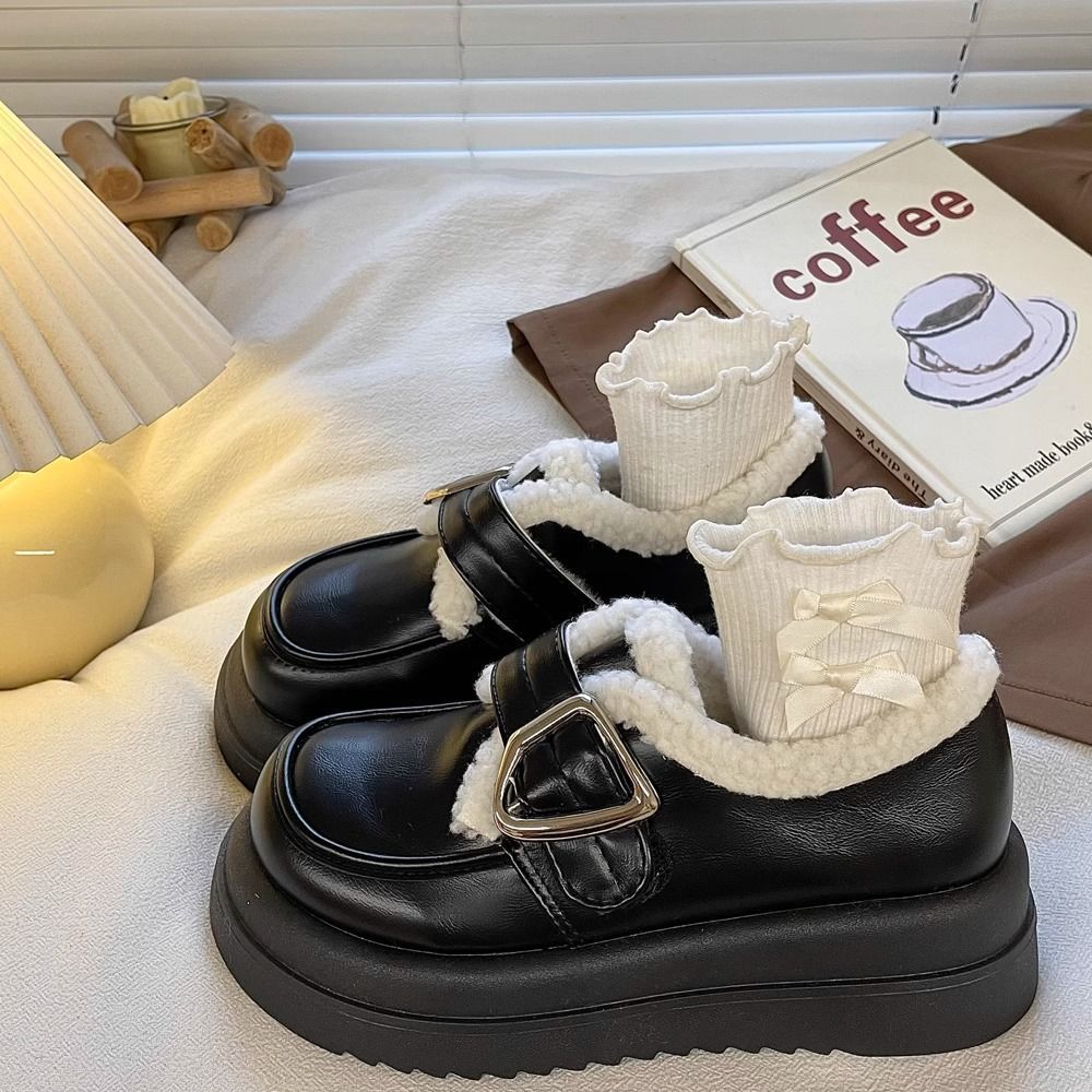 白色厚底加绒小皮鞋女2023冬季新款复古英伦风日系jk保暖乐福单鞋