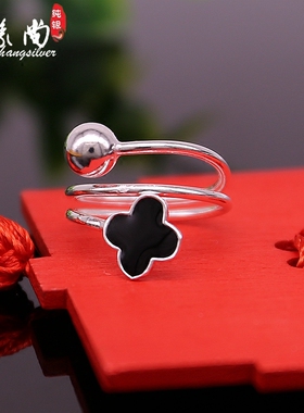 银戒指滴胶四叶草日韩版可调节