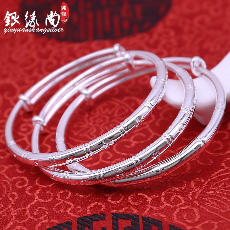 999纯银四叶草手镯光面实心足银手环个性简约学生推拉镯子送女友