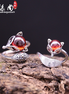 s925纯银戒子红石榴石女小狐狸
