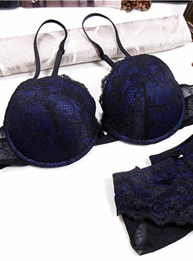 A2西班牙W*S性感蕾丝蓝色黑夜女内衣 深V诱惑胸罩薄款文胸套装75C