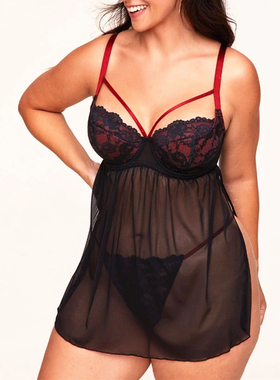 H34 带胸垫睡衣女款性感聚拢大码吊带睡裙85E90BEF95CDEG100C105E