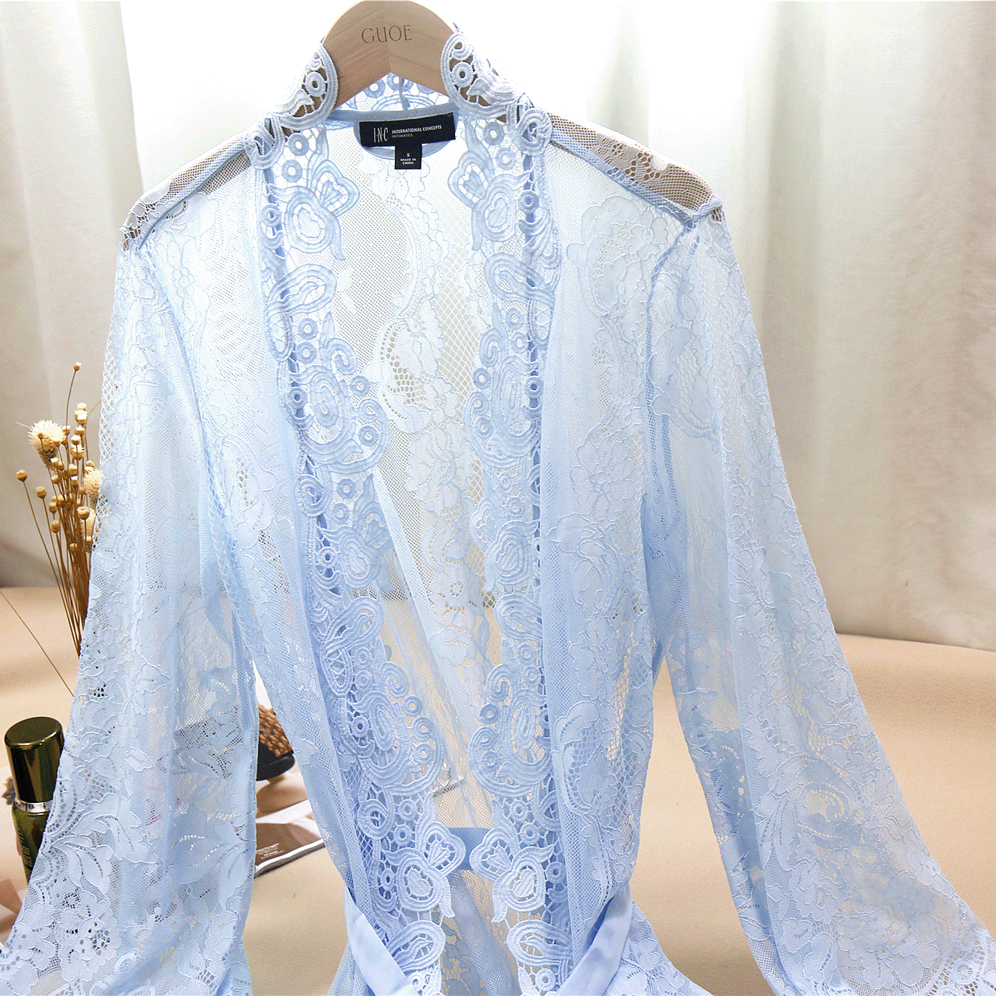 M12欧美I.N.C大码女家居服薄款性感透明蕾丝刺绣睡衣系带长袖睡袍