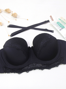 B11欧美原单黑色蕾丝边无肩带内衣拆卸交叉肩带1/2半罩杯文胸80B