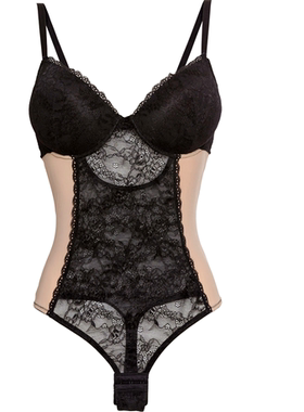 E33欧美大码黑色性感女内衣开档蕾丝紧身美体束腰收腹塑身连体衣