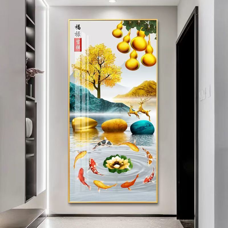 现代简约入户玄关装饰画九鱼聚财走廊过道楼梯口壁画高档竖版挂画图片