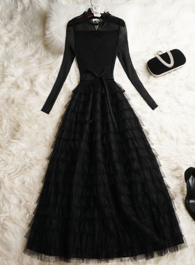 赫本风小黑裙春秋法式高级感长款蓬蓬长裙黑色女礼服蛋糕裙连衣裙