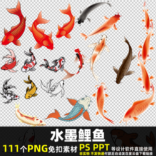 水墨鲤鱼PNG免扣素材PSD 中国风复古锦鲤年年有鱼图片手绘鱼类PPT