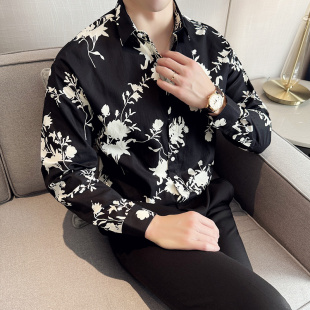 男款大码花衬衫男士休闲黑白花时尚衬衣纯棉长袖发型师寸衫潮痞帅