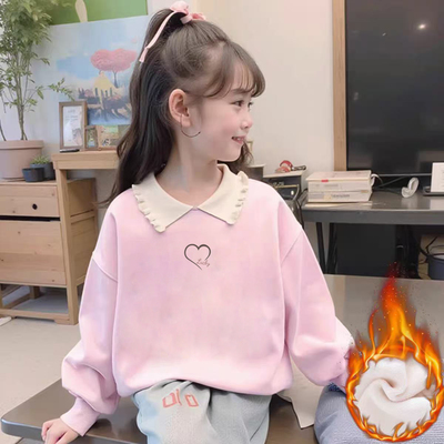 纯棉女童加绒加厚POLO领卫衣2025秋冬季新款儿童宝宝卡通简约上衣