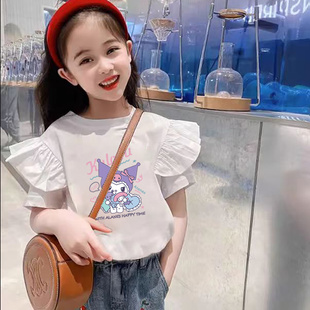 中大儿童宝宝百搭圆领飞飞袖 纯棉女童装 新款 T恤2025夏季 上衣 短袖