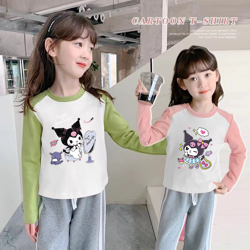 纯棉女童拼色圆领长袖T恤2025春秋季儿童宝宝洋气库洛米打底上衣