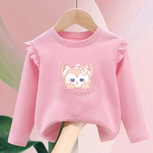 100%纯棉女童圆领长袖T恤春秋儿童宝宝公主风洋气内搭打底上衣服