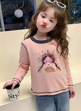 100%纯棉女童装长袖t恤2026春秋季新款小孩儿童宝宝卡通时尚上衣