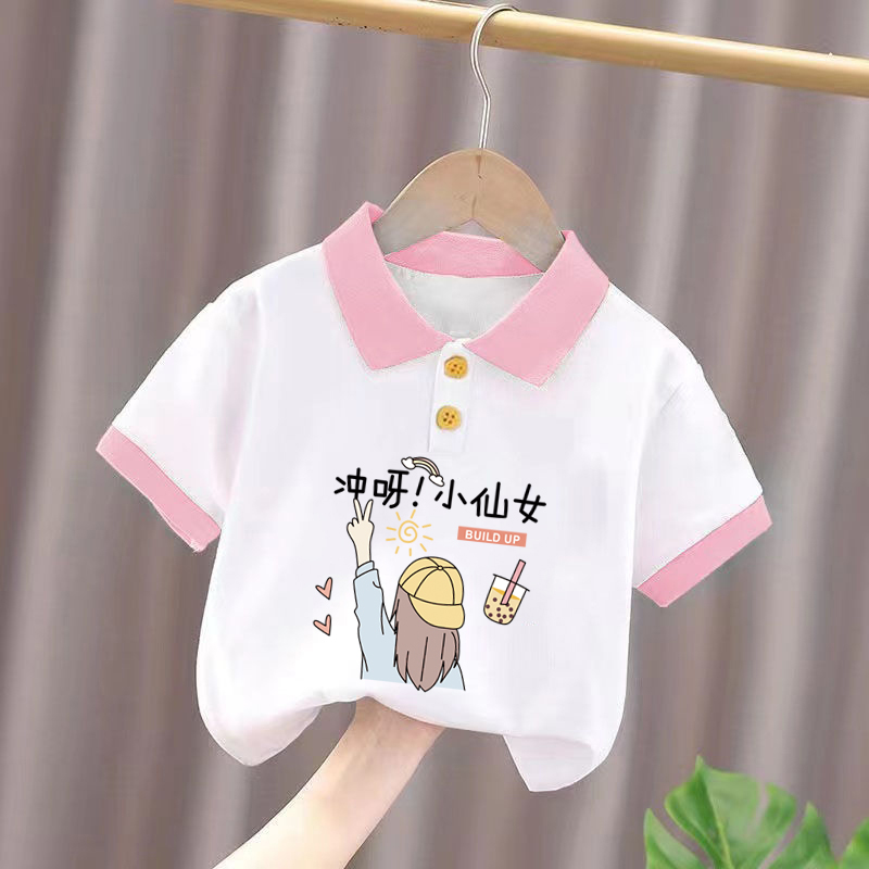 100%纯棉女童装POLO衫夏季儿童宝宝卡通洋气印花短袖T恤翻领上衣