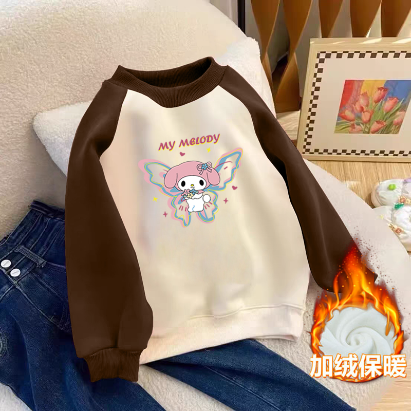 100%纯棉女童装加绒加厚插肩圆领卫衣秋冬装儿童宝宝卡通动漫上衣