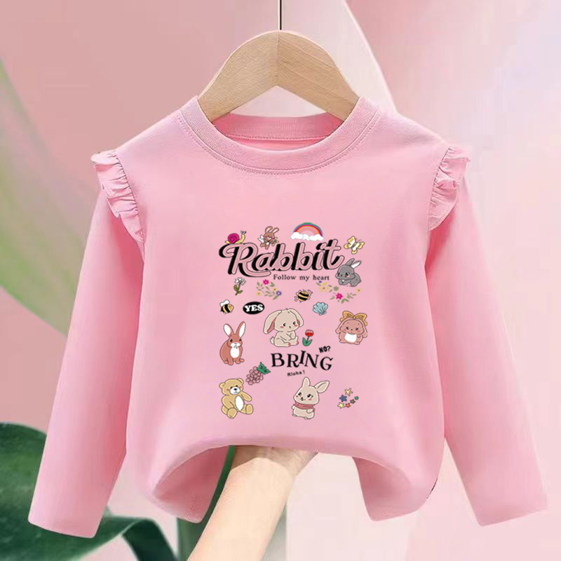 100%纯棉女童装圆领长袖T恤春秋季新款儿童宝宝卡通洋气花边上衣