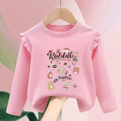 100%纯棉女童装 儿童宝宝卡通洋气花边上衣 新款 圆领长袖 T恤春秋季