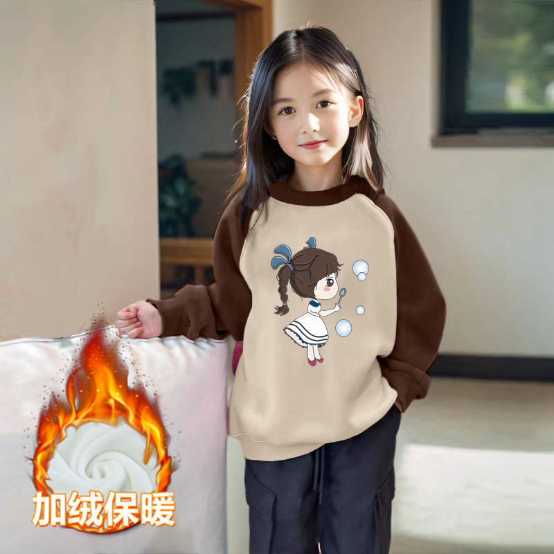 100%纯棉女童装加绒加厚插肩圆领卫衣秋冬装儿童宝宝卡通动漫上衣