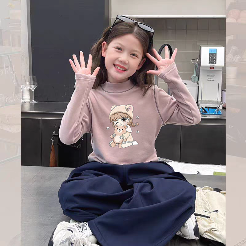 女童德绒半高领长袖T恤2025秋冬季新款中大儿童宝宝卡通时尚上衣
