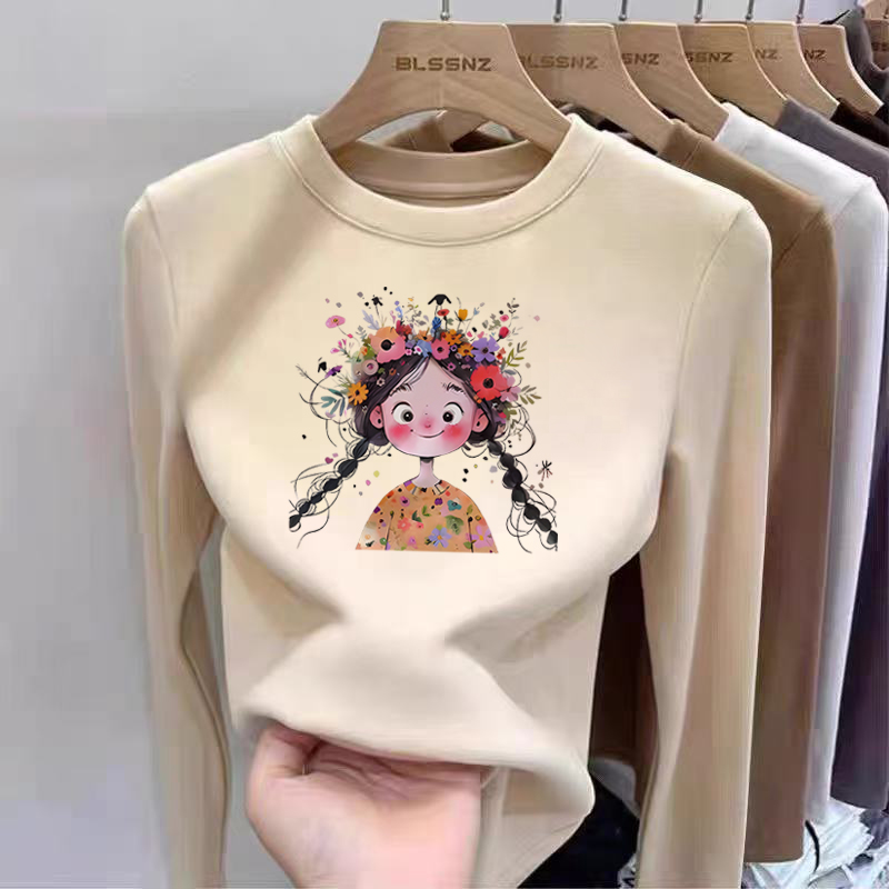 女童德绒圆领长袖t恤2025秋冬新款中小儿童宝宝卡通动漫打底上衣