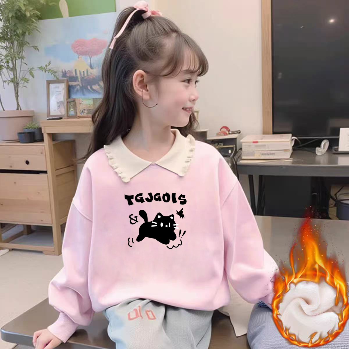 100%纯棉女童加绒加厚POLO领卫衣秋冬季中大儿童宝宝卡通动漫上衣