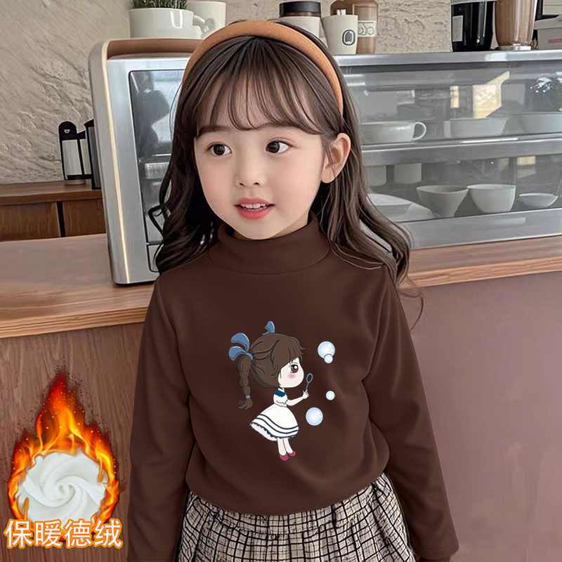 女童德绒半高领加绒加厚长袖T恤秋冬季新款儿童宝宝卡通动漫上衣