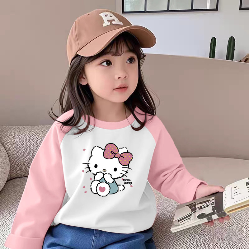 100%纯棉女童插肩圆领长袖T恤春秋新款小孩儿童宝宝卡通韩版上衣