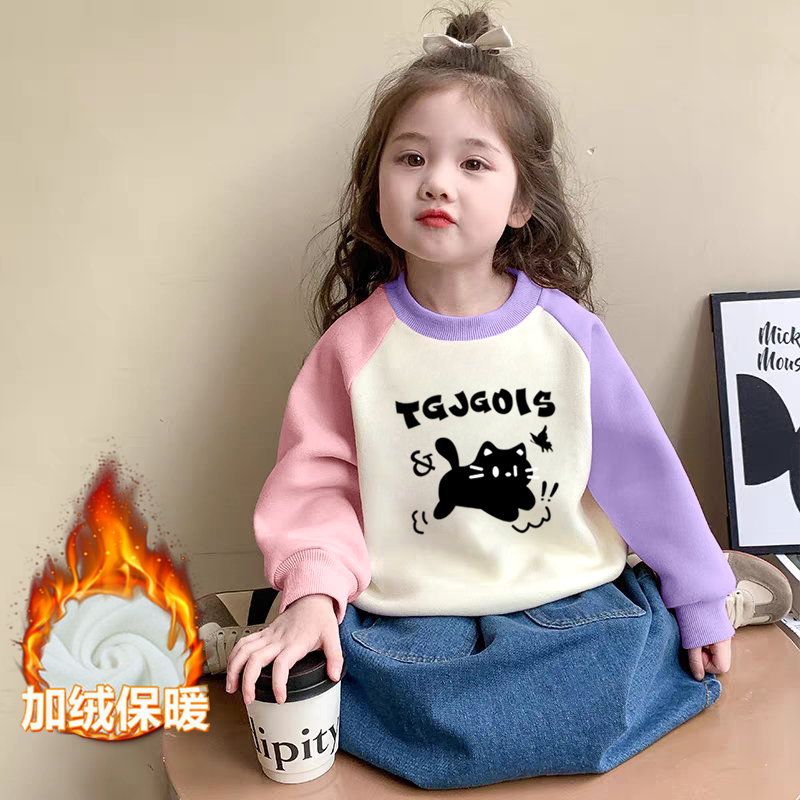 100%纯棉女童加绒加厚插肩圆领卫衣秋冬中小儿童宝宝卡通动漫上衣