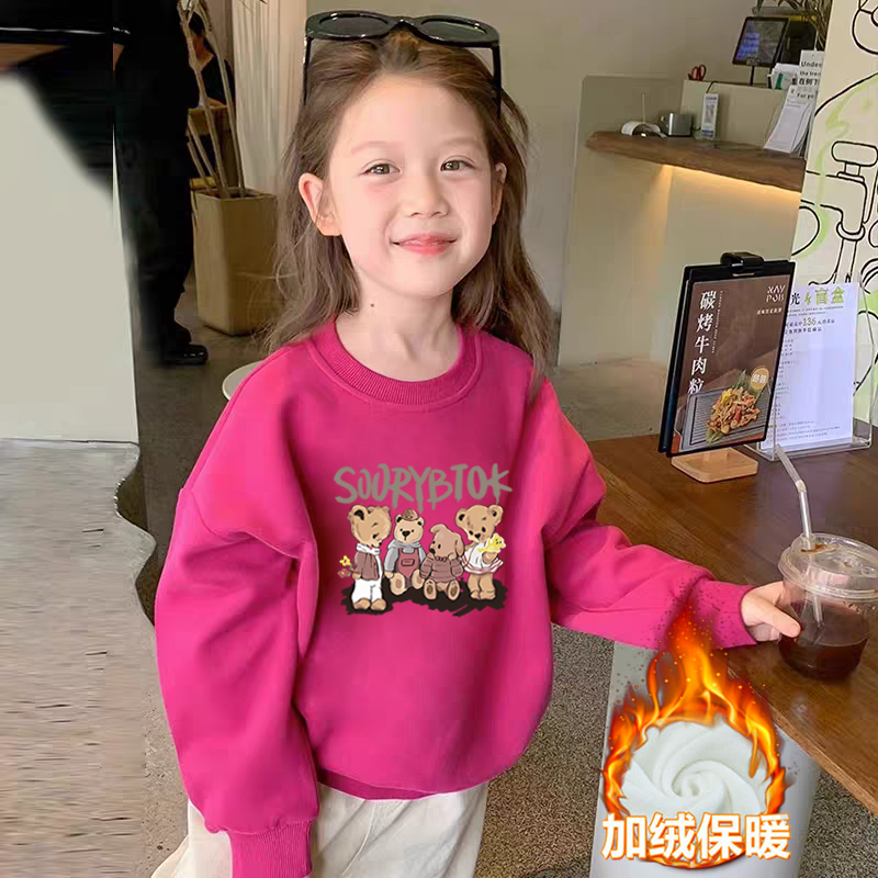 100%纯棉女童加绒加厚卫衣2025秋冬新款儿童宝宝卡通动漫保暖上衣