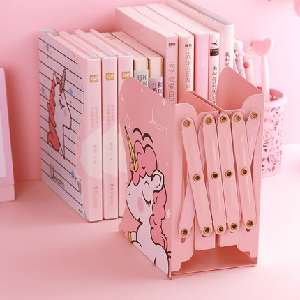 粉色独角兽少女心可伸缩式小书立书架学生桌面折叠书本夹收纳整理