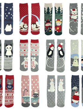 外贸跨境款 卡通直板毛圈女袜子加厚保暖拉毛圣诞袜AB袜子