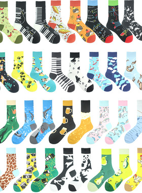 新款跨境潮袜 创意AB不对称棉袜 时尚个性爆款潮流提花情侣袜子1