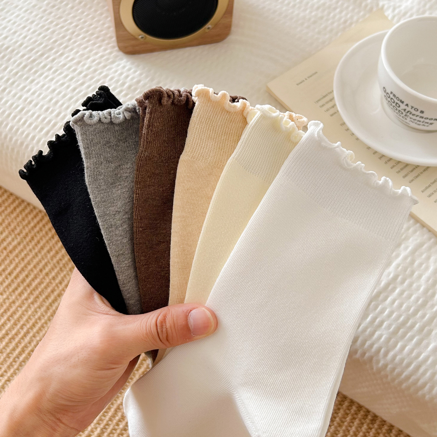 木耳边袜子女春秋款堆堆袜纯色