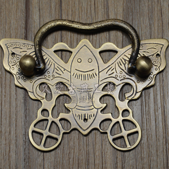 中式仿古家具黄铜蝴蝶拉手明清家具铜配件 老式箱子抽屉纯铜拉手