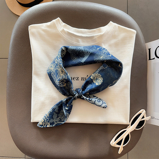 饰头巾 丝巾几何百搭小方巾女春夏领巾造型装 蓝花轻奢 丝棉轻薄款