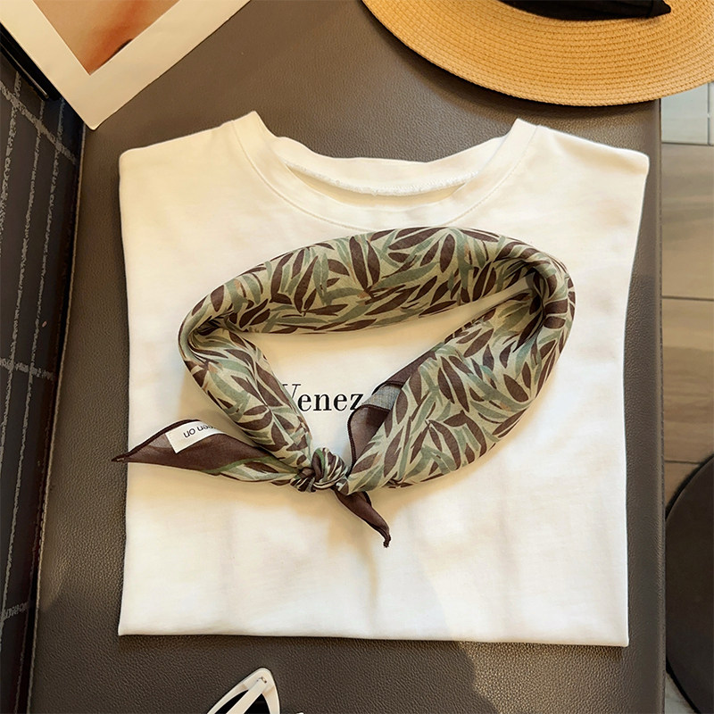 林间叶影橄榄叶棉麻质感小方巾系脖丝巾女春夏薄款百搭装饰腰巾