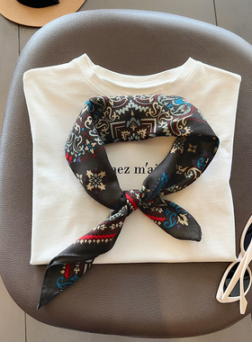 美式复古印花丝巾百搭时尚70cm方巾女春夏搭配西装气质小领巾头巾