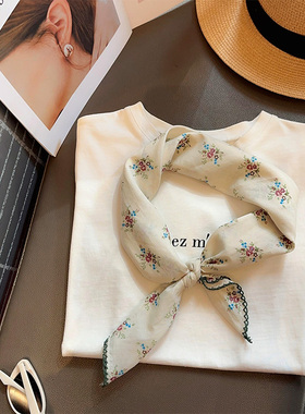 复古印花纯棉70方巾精致勾花边时尚包头丝巾女春夏季装饰围巾领巾