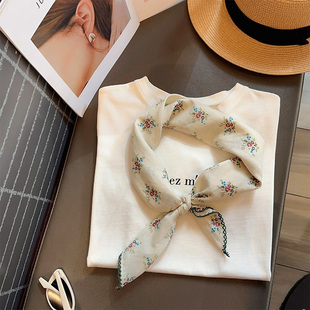 饰围巾领巾 装 复古印花纯棉70方巾精致勾花边时尚 包头丝巾女春夏季