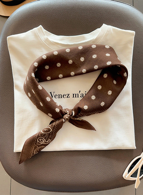 气质高级感咖啡小花70方巾棉麻通勤丝巾女春秋搭配衬衫领巾小围巾