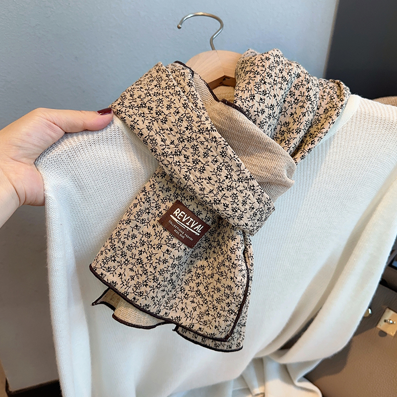 复古文艺黑色印花纯棉长款丝巾双面围巾女秋冬季新款披肩保暖围脖