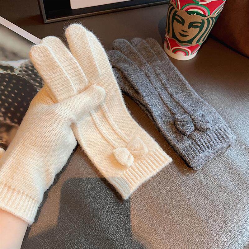 蝴蝶结冬季开车女士手套纯色针织毛线保暖骑车骑行防风分指可触屏