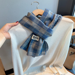 雾霾蓝格子纯棉长款围巾双面质感丝巾两用防晒披肩女春夏季新款薄