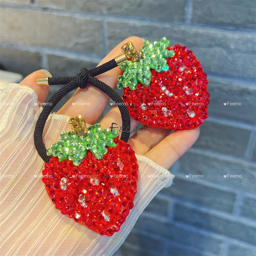 妃曼新款精致满钻立体草莓发圈可爱水果头绳闪钻橡皮筋扎头发皮筋