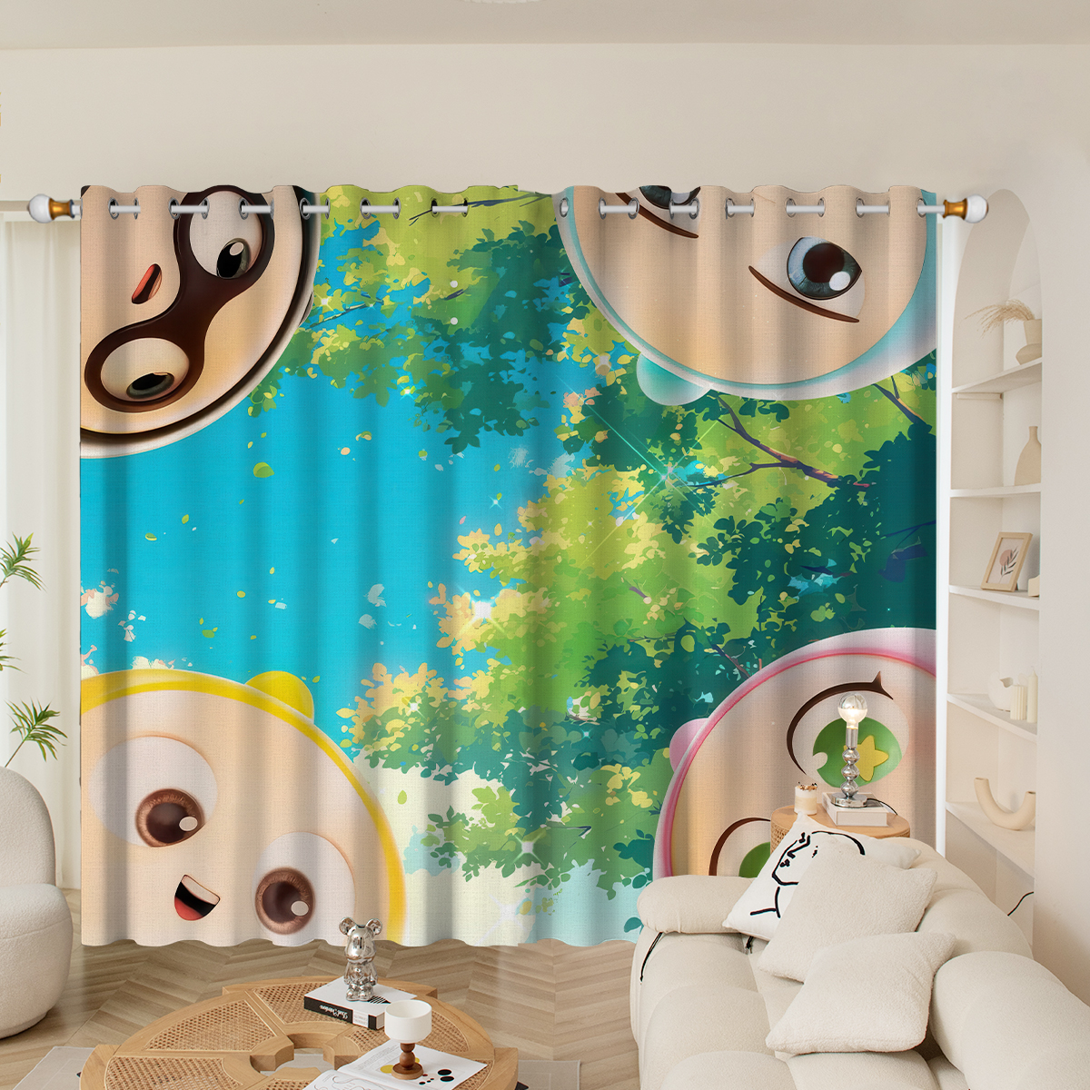 本元遮光防晒粗麻儿童房卡通蛋仔