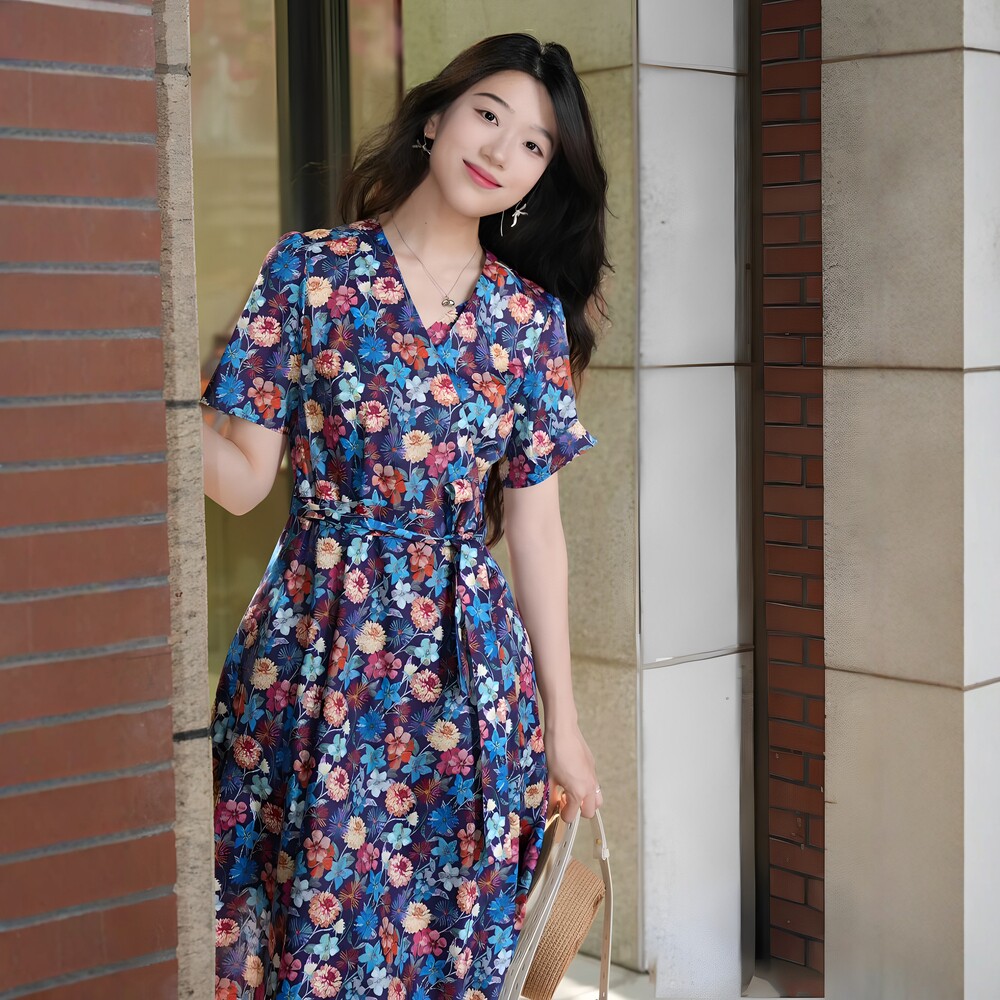 小禾2025夏季新款棉弹印花细布中长连衣裙女法式V领碎花收腰裙子