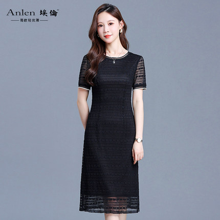 埃伦中长款修身显瘦气质连衣裙女2026夏季新款黑色蕾丝优雅减龄裙