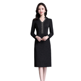 埃伦中年女士高级精致假两件套裙显瘦气质V领连衣裙2023春季新款